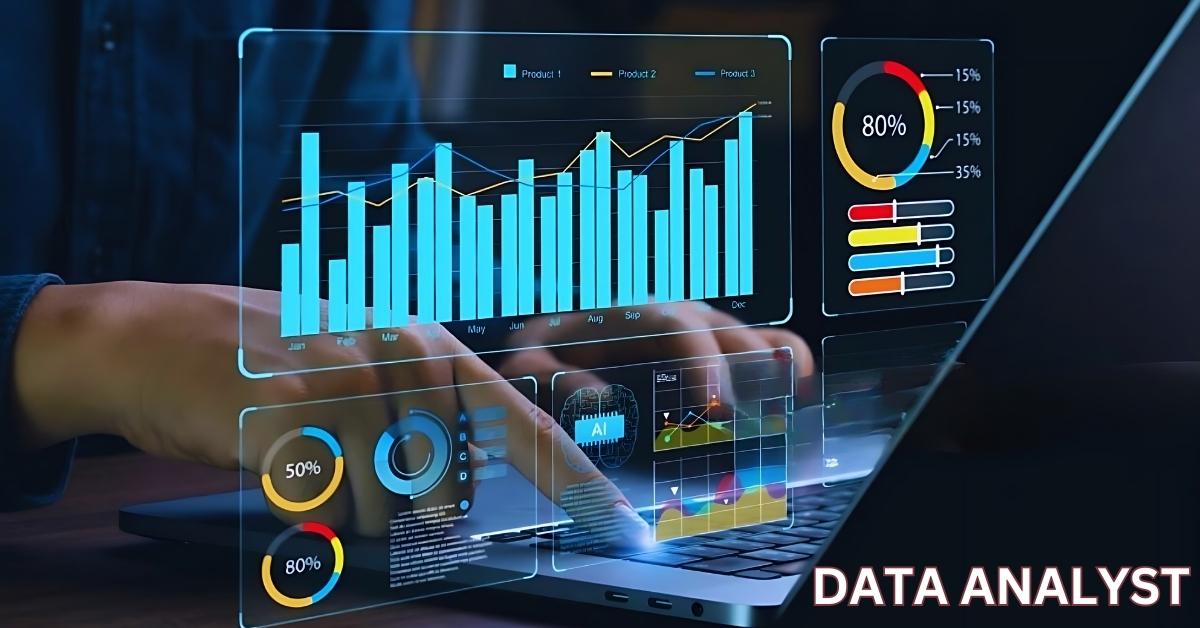 "A professional working on a laptop with futuristic data visualization overlays, including bar charts, pie charts, and progress indicators. The visuals display metrics such as percentages, trends, and analytics, representing the role of a Data Analyst. The scene highlights a tech-driven environment with a focus on data insights."