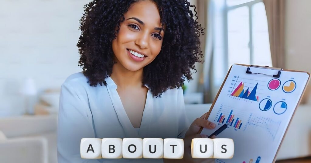 "A smiling professional woman holding a clipboard displaying colorful charts and graphs. She points to a specific section with a pen, emphasizing data insights and analytics. The background is a bright, modern room, suggesting a professional yet approachable setting for data analysis and presentation."