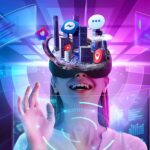 A smiling woman wearing a virtual reality (VR) headset is immersed in a futuristic digital world. A cityscape with social media icons, chat bubbles, and navigation markers emerges from her headset, representing the metaverse, digital connectivity, and advanced technology. The scene is filled with vibrant neon blue and purple lights, emphasizing the futuristic theme.