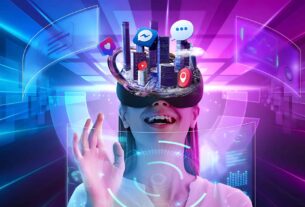 A smiling woman wearing a virtual reality (VR) headset is immersed in a futuristic digital world. A cityscape with social media icons, chat bubbles, and navigation markers emerges from her headset, representing the metaverse, digital connectivity, and advanced technology. The scene is filled with vibrant neon blue and purple lights, emphasizing the futuristic theme.