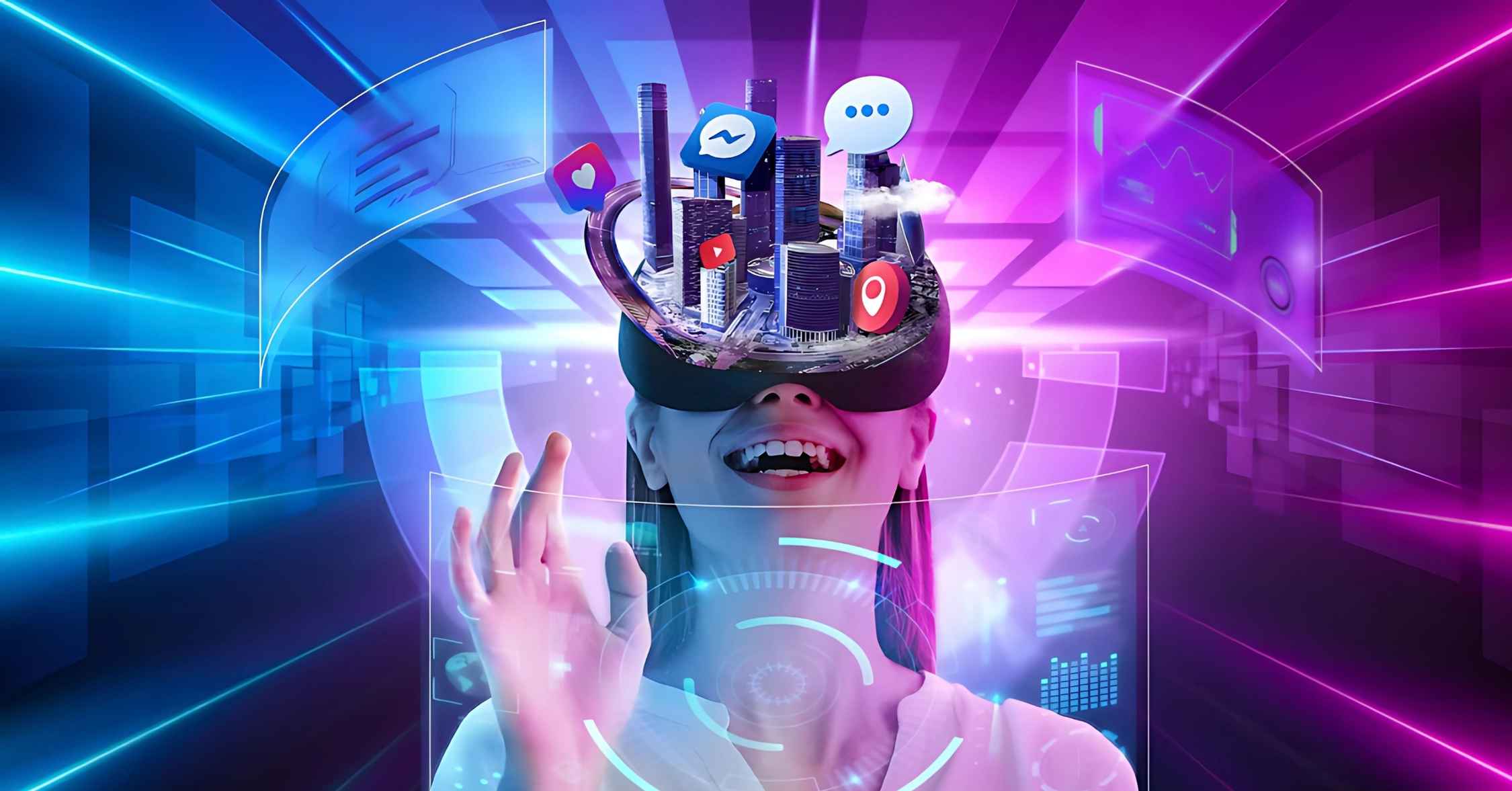 A smiling woman wearing a virtual reality (VR) headset is immersed in a futuristic digital world. A cityscape with social media icons, chat bubbles, and navigation markers emerges from her headset, representing the metaverse, digital connectivity, and advanced technology. The scene is filled with vibrant neon blue and purple lights, emphasizing the futuristic theme.