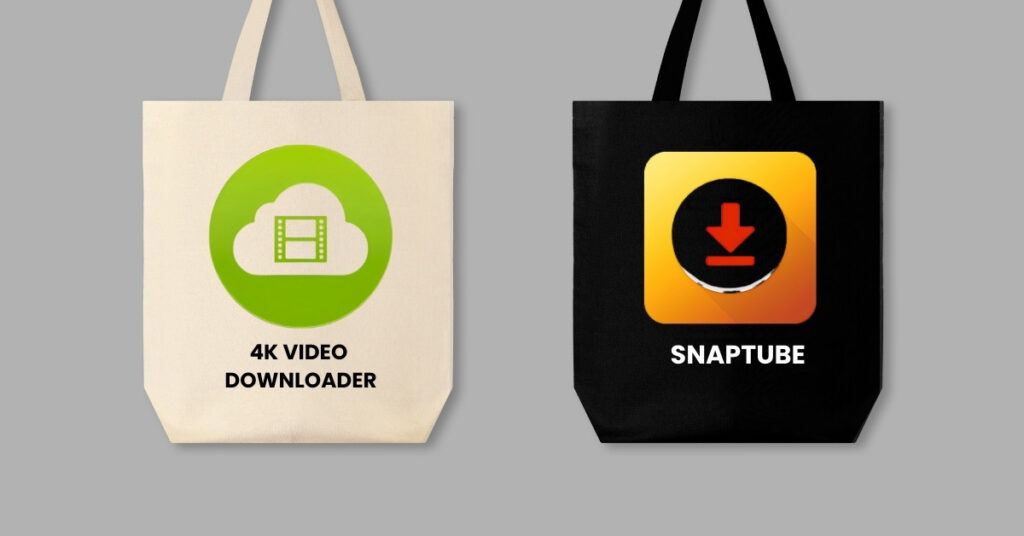 "Two tote bags displayed side by side. The left tote bag is beige with a green circular logo representing '4K Video Downloader,' featuring a cloud with a video icon. The right tote bag is black with an orange gradient logo for 'Snaptube,' featuring a downward arrow icon."