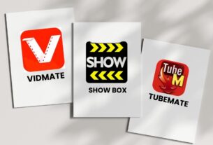 "Three poster cards arranged in a row on a light background. The first card on the left features the red logo of 'VidMate,' with a 'V' symbol resembling a film strip. The middle card shows the 'Show Box' logo in black and yellow with a clapperboard design. The right card displays the 'TubeMate' logo in red and yellow, with a flame icon beside the 'M' letter."