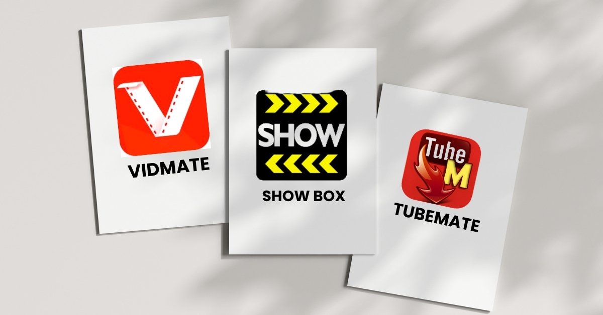 "Three poster cards arranged in a row on a light background. The first card on the left features the red logo of 'VidMate,' with a 'V' symbol resembling a film strip. The middle card shows the 'Show Box' logo in black and yellow with a clapperboard design. The right card displays the 'TubeMate' logo in red and yellow, with a flame icon beside the 'M' letter."