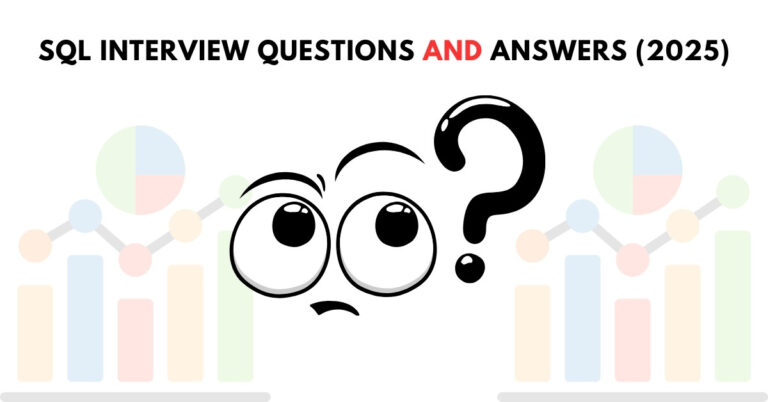 "A creative illustration featuring a puzzled cartoon face with a large question mark, representing curiosity about SQL interview questions and answers for 2025. The background includes abstract bar charts and pie charts, symbolizing data analysis and database concepts."