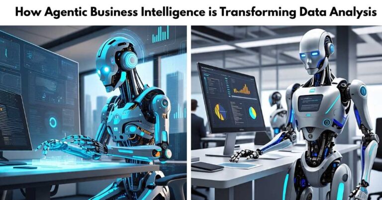 "Agentic Business Intelligence robots analyzing data dashboards and charts, demonstrating how AI agents are revolutionizing automated business intelligence and data-driven decision making"