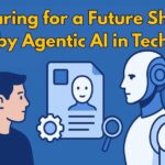 Futuristic illustration showing a human and humanoid robot with agent icons, gears, and documents, symbolizing the role of Agentic AI in shaping the future of technology.”
