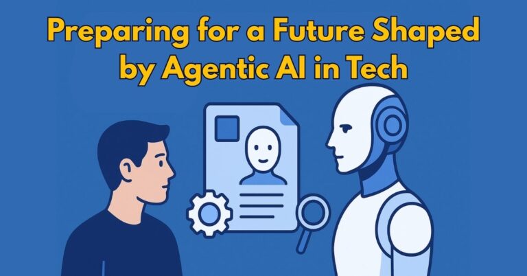 Futuristic illustration showing a human and humanoid robot with agent icons, gears, and documents, symbolizing the role of Agentic AI in shaping the future of technology.”