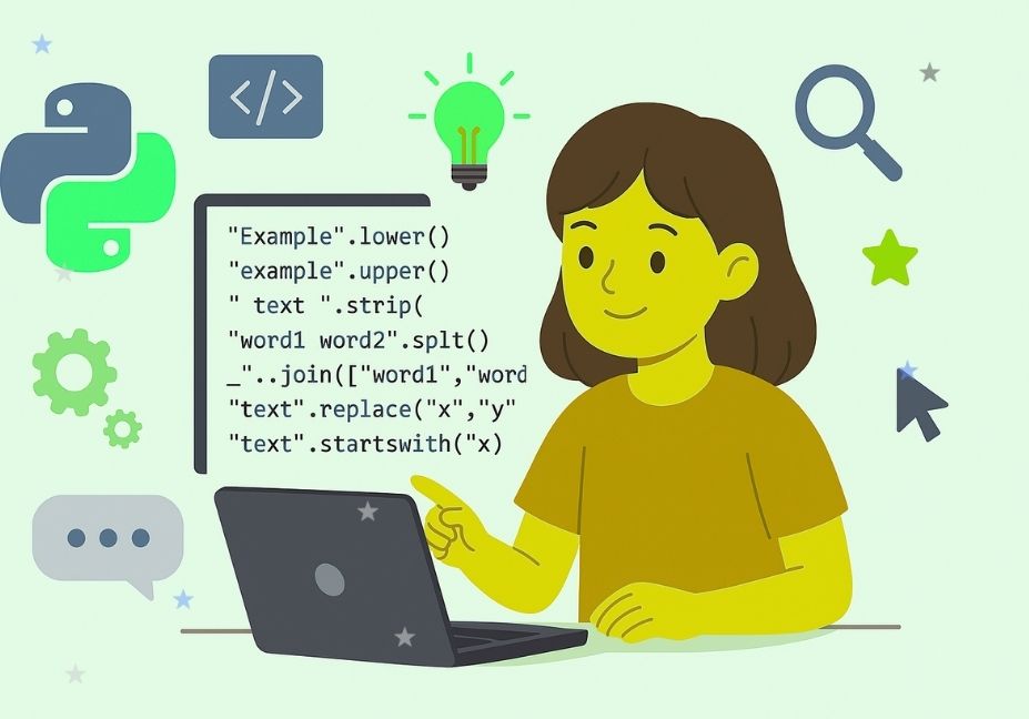 Illustrative image showing coding elements, Python icons, and data science symbols to visually support the topic “top-10-useful-python-string-functions-for-data-science-projects” without any text displayed inside the image.