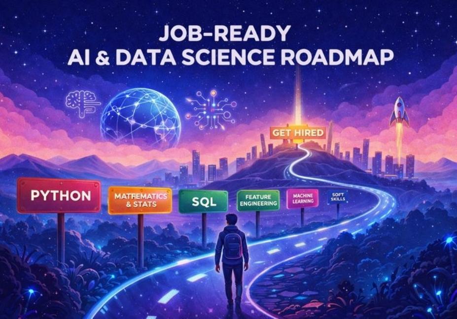A digital illustration showing a person walking along a glowing path toward a city labeled "GET HIRED," passing skill signs like Python, Mathematics & Statistics, SQL, Feature Engineering, Machine Learning, and Soft Skills, representing the journey to becoming a job-ready AI and Data Science professional.