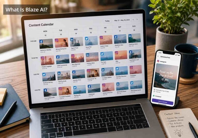 What is Blaze AI, laptop showing AI generated content calendar for small business marketing?