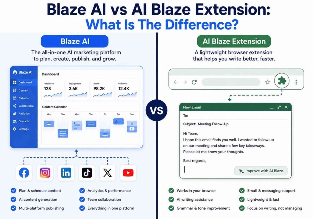 What is Blaze AI compared to the AI Blaze Chrome extension? Side-by-side visual comparison.