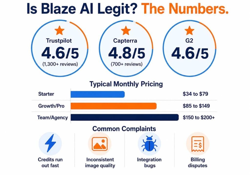 Blaze AI pricing and reviews infographic showing Trustpilot, Capterra, and G2 ratings"