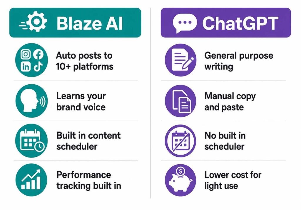 "Blaze AI vs ChatGPT comparison chart showing marketing automation features"