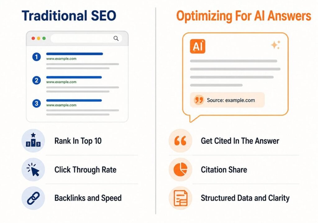 Visual comparison showing how will AI kill SEO debates shift strategy from traditional ranking to AI answer citation"