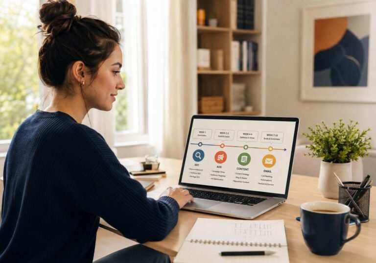 "Roadmap for digital marketing beginner following a structured 2026 learning plan on a laptop"