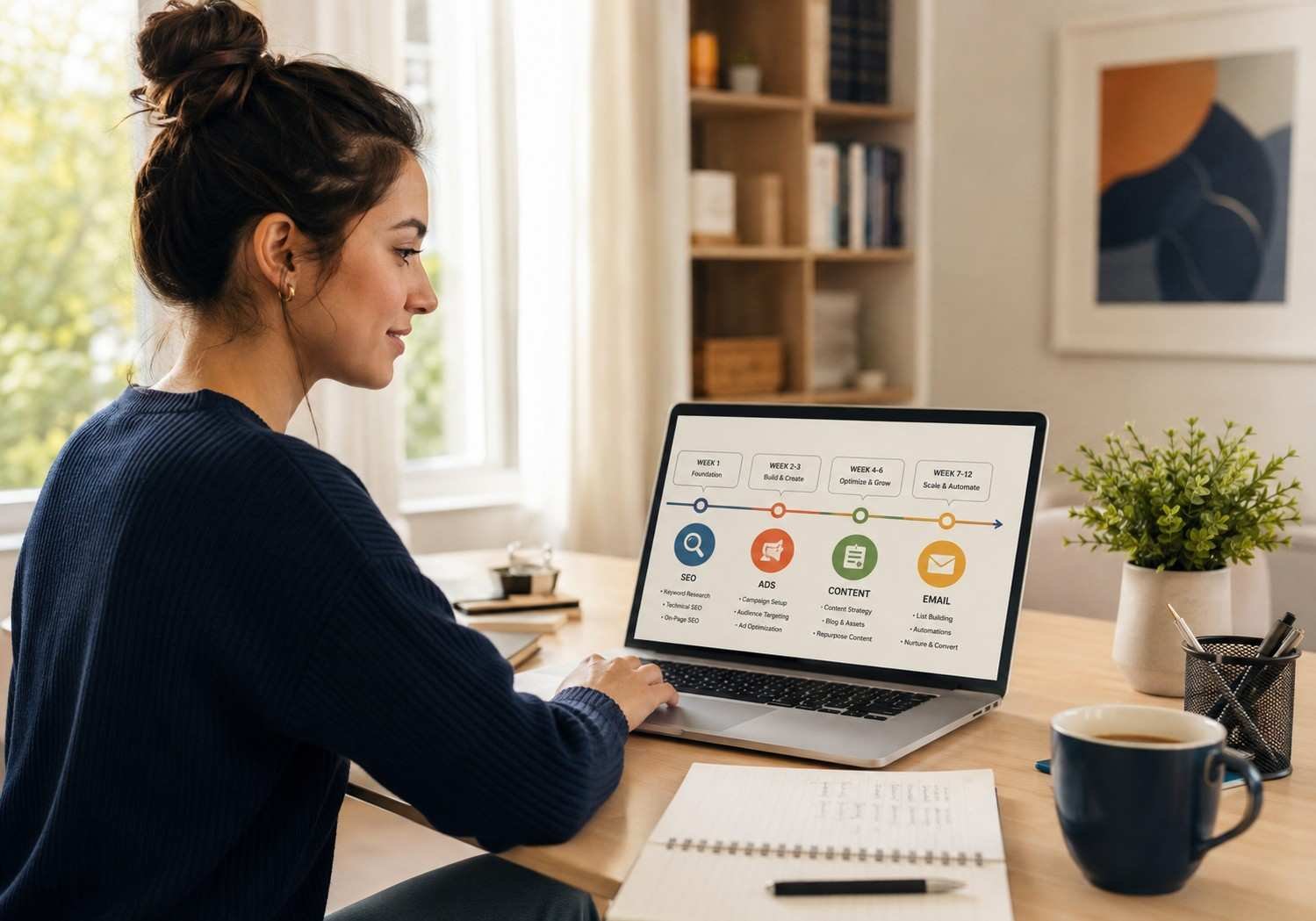 "Roadmap for digital marketing beginner following a structured 2026 learning plan on a laptop"