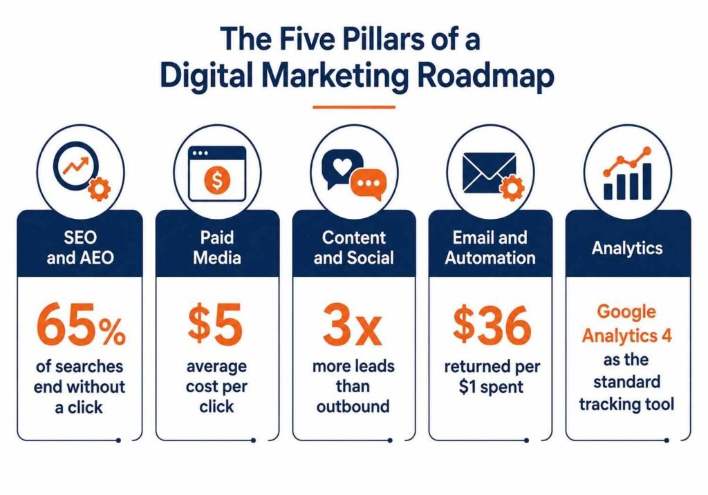 Infographic showing the five pillars of a digital marketing roadmap for 2026 with key stats"