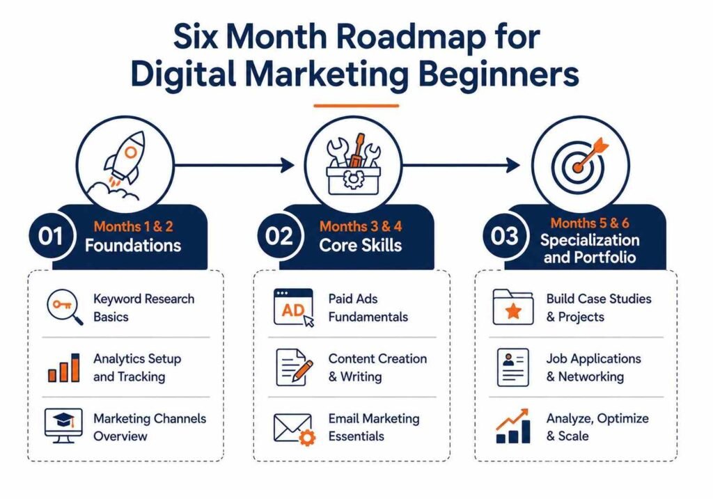 "Six month roadmap for digital marketing beginners showing foundations, core skills, and specialization stages"