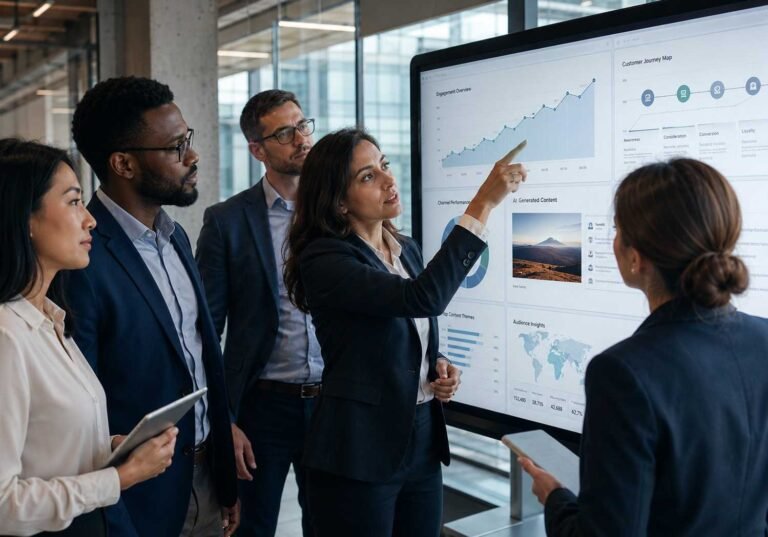 AI enterprise marketing team reviewing analytics dashboard in modern office