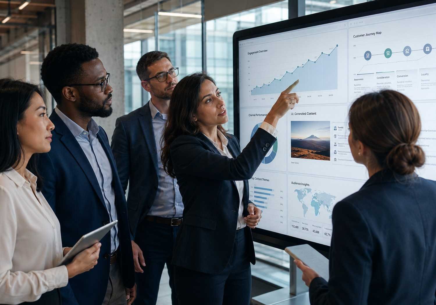 AI enterprise marketing team reviewing analytics dashboard in modern office