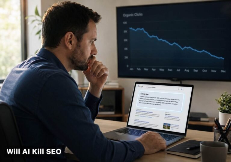 "Marketer reviewing search results as will AI kill SEO trends show AI Overviews reducing organic clicks."