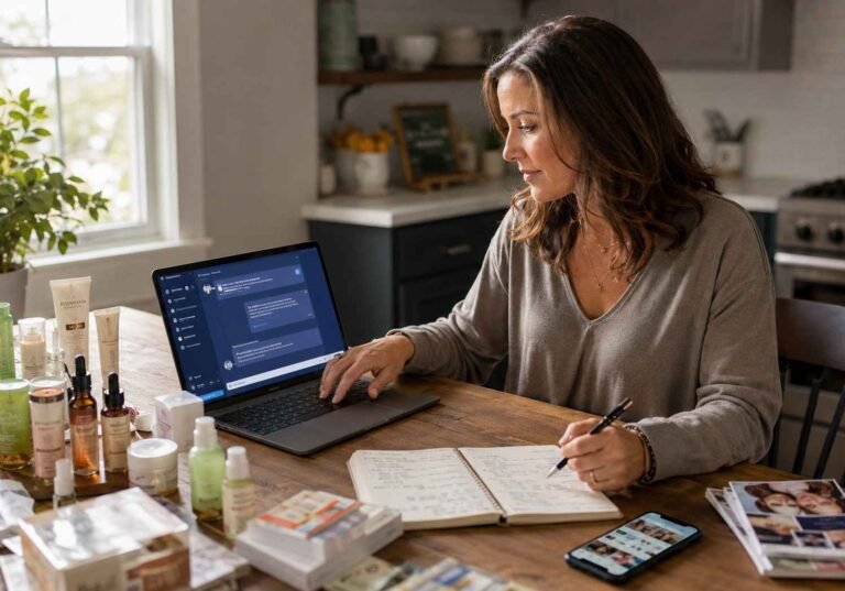 "Woman using AI for network marketing on a laptop to grow her direct-selling business"