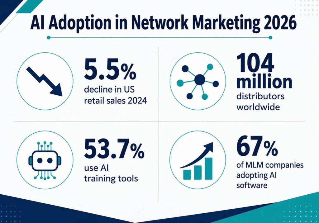 "Infographic showing AI for network marketing adoption statistics in 2026"