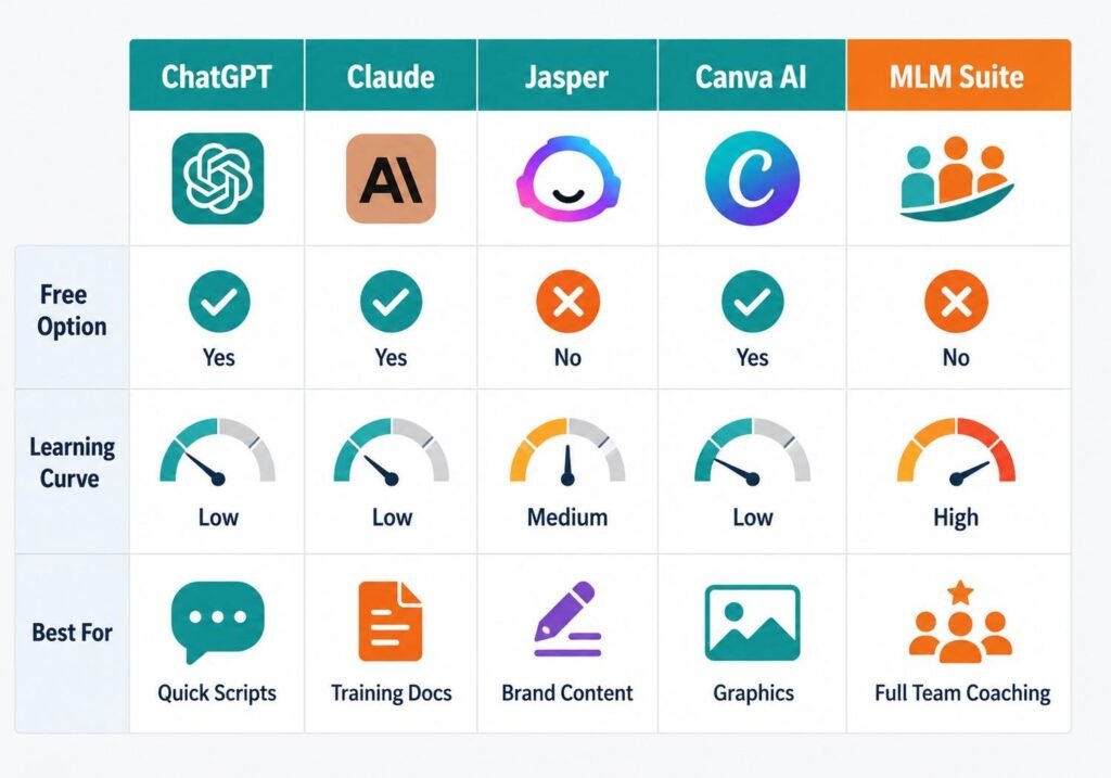 "Comparison visual of the best AI tools for network marketing side by side."