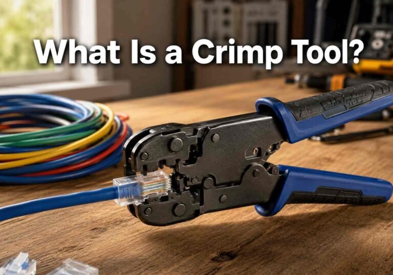 what is a crimp tool shown as a ratcheting crimper attaching an RJ45 connector to an Ethernet cable