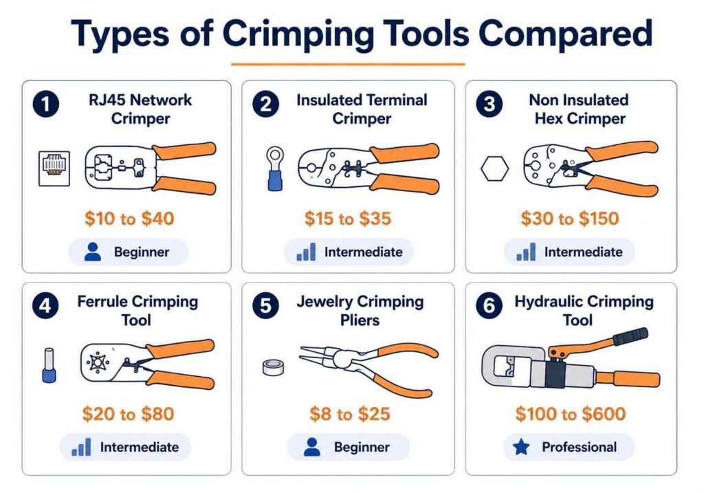 comparison chart answering what is a crimp tool by showing six crimping tool types with price ranges