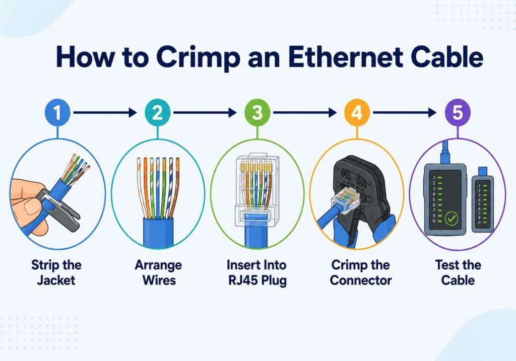 five step diagram explaining what is a crimp tool used for when terminating an Ethernet cable