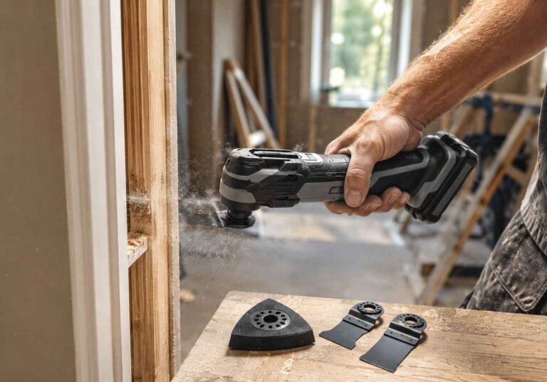 How do oscillating tools work—a contractor using an oscillating multi-tool to cut a wooden door jamb?