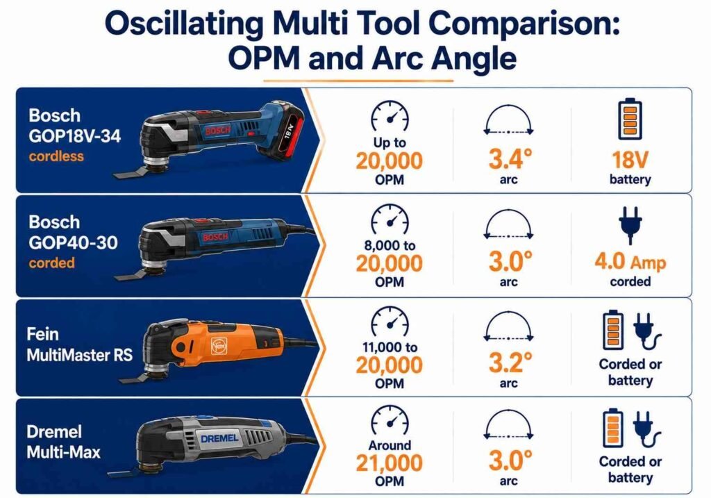 "Oscillating multi tool comparison infographic showing Bosch, Fein, and Dremel oscillations per minute and arc angle"