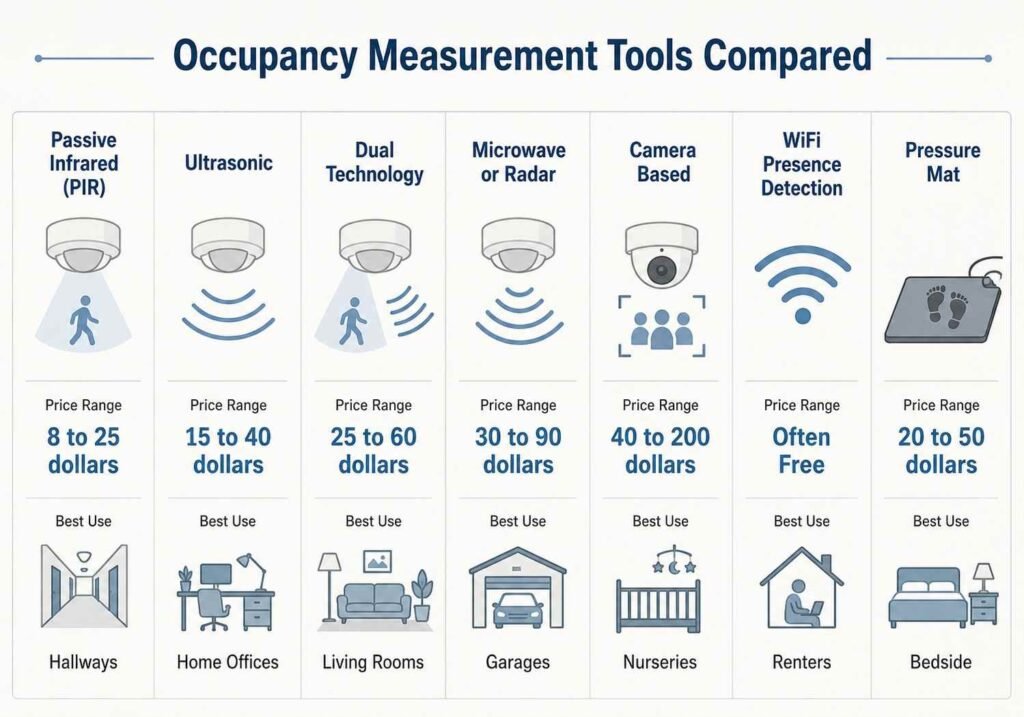 Infographic comparing occupancy measurement tools by type, cost, and best use case