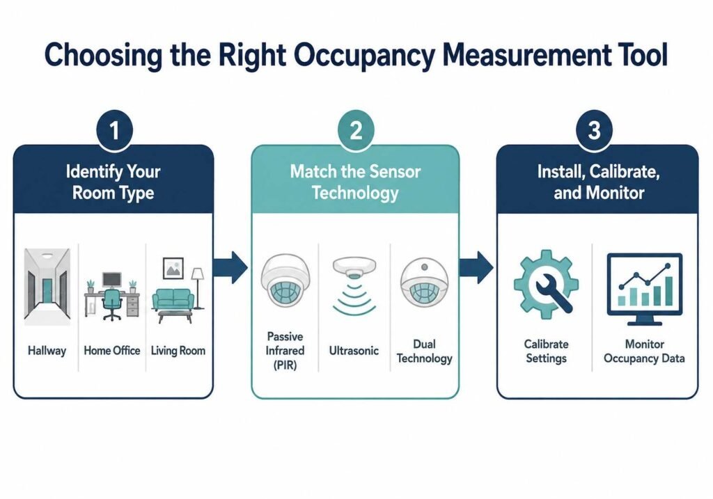 A horizontal 927 by 648 pixel flowchart style diagram on a soft white background illustrating a simple three step decision process titled Choosing the Right Occupancy Measurement Tool. Step one is a rounded rectangle labeled Identify Your Room Type, with small icons underneath representing a hallway, a home office, and a living room. An arrow leads to step two, a rounded rectangle labeled Match the Sensor Technology, showing three small labeled icons for passive infrared, ultrasonic, and dual technology sensors. An arrow leads to step three, a rounded rectangle labeled Install, Calibrate, and Monitor, with a small icon of a settings gear and a small graph icon representing occupancy data. Use a calm color palette of navy blue, soft teal, and warm gray, consistent flat icon style throughout, clear bold arrows connecting each step, and legible sans serif text within each box. No photographic textures, no watermark, no background clutter, plenty of white space between elements so the process reads clearly even at a glance.