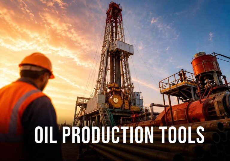 Oil production tools on an active drilling rig at sunset."