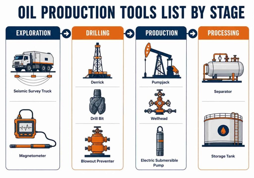 "Infographic showing oil production tools list by stage"
