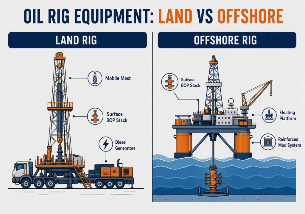 Comparison of oil rig equipment used on land versus offshore"