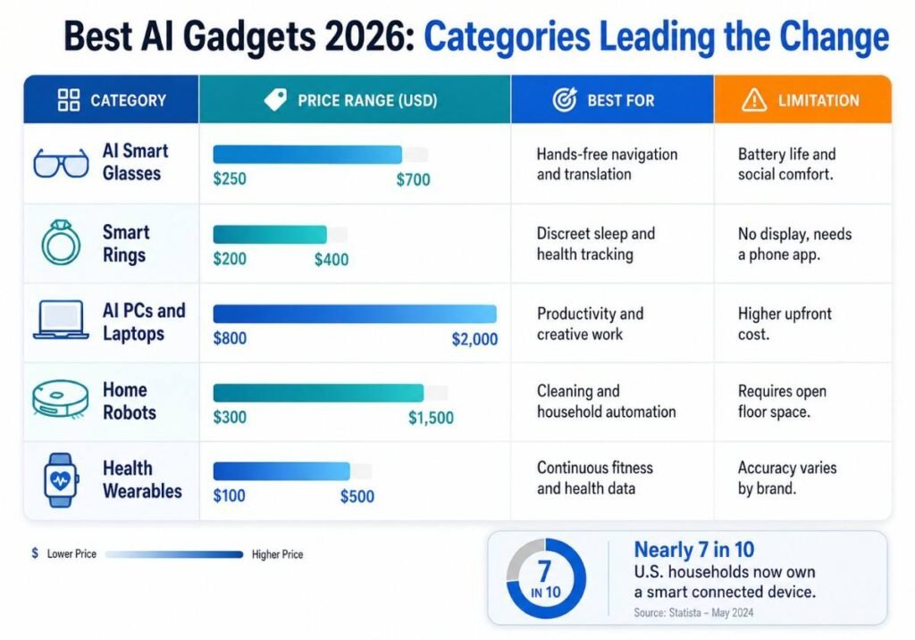 "Infographic comparing best AI gadgets 2026 by price, use case, and limitations for Droven io new gadgets 2026 guide"