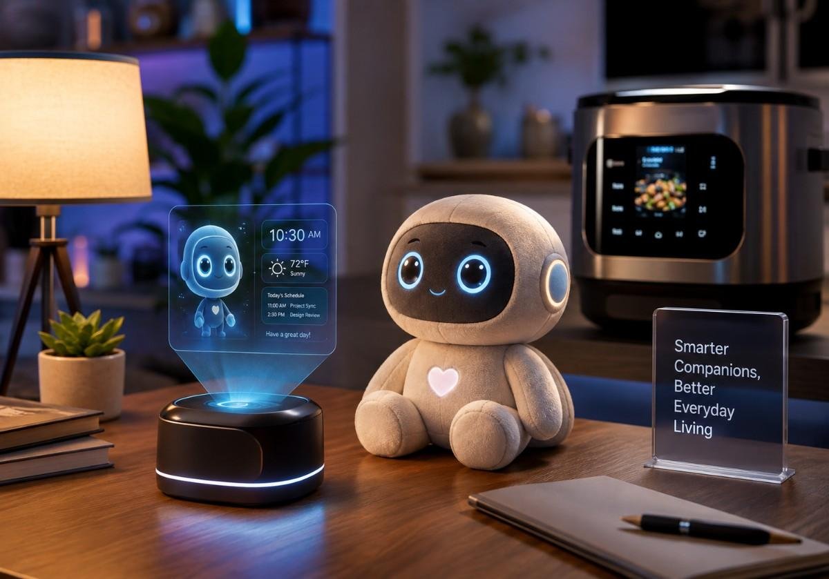 New AI gadgets 2026 displayed together, including a holographic assistant, companion robot, and smart kitchen device