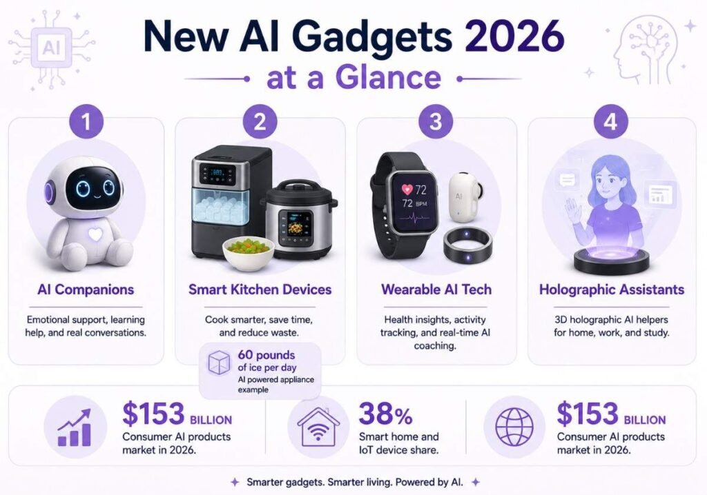 Infographic titled New AI Gadgets 2026 at a Glance, comparing AI companions, kitchen devices, wearables, and holographic assistants