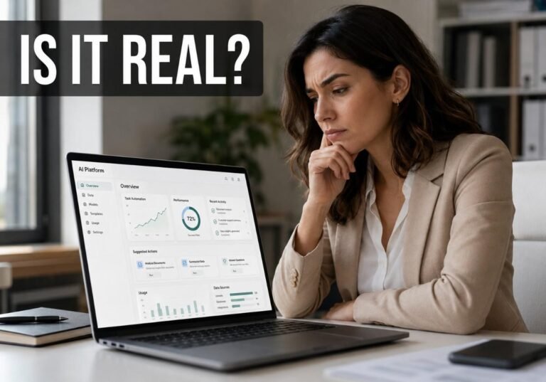 "Businesswoman skeptically researching if Drovenio AI for Business is legit"