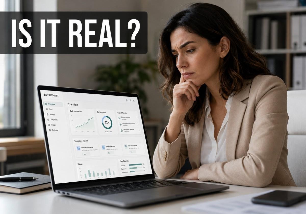 "Businesswoman skeptically researching if Drovenio AI for Business is legit"