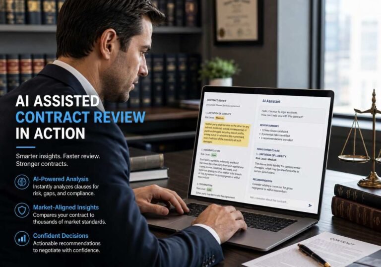 Law Insider AI Assistant helping an attorney review and redline a contract on a laptop