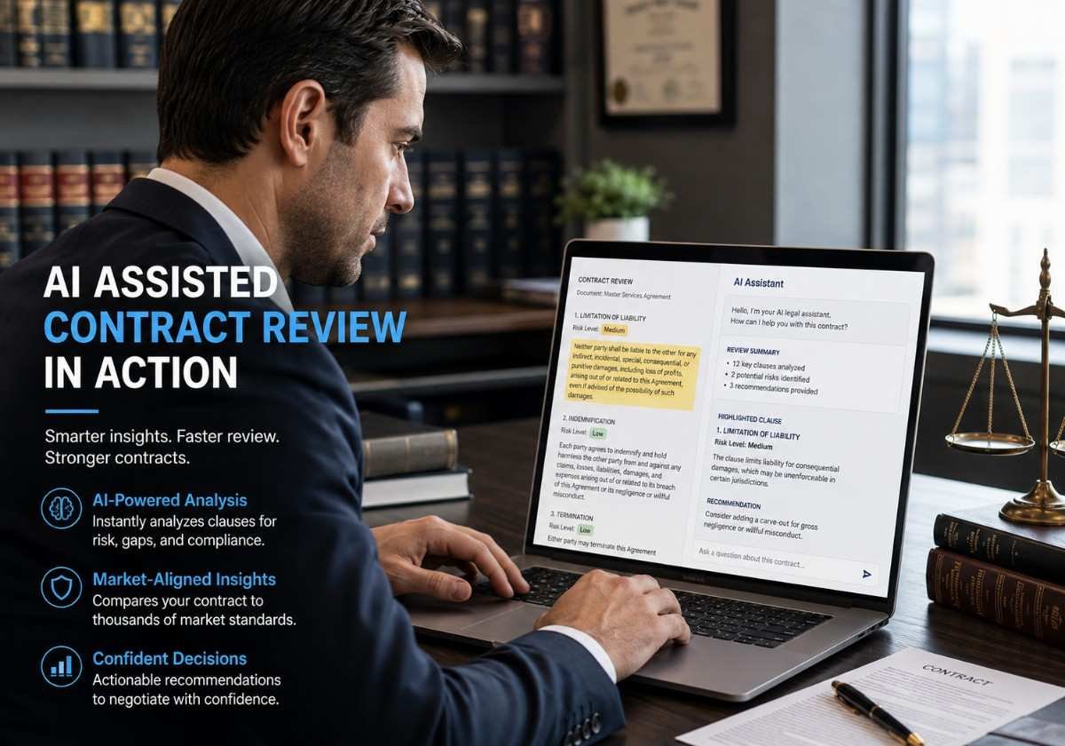Law Insider AI Assistant helping an attorney review and redline a contract on a laptop