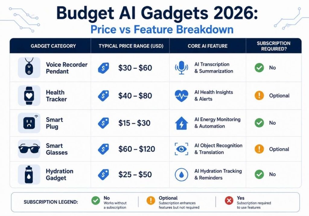 Infographic comparing the best budget AI gadgets 2026 under $100 by price, core AI feature, and subscription requirement