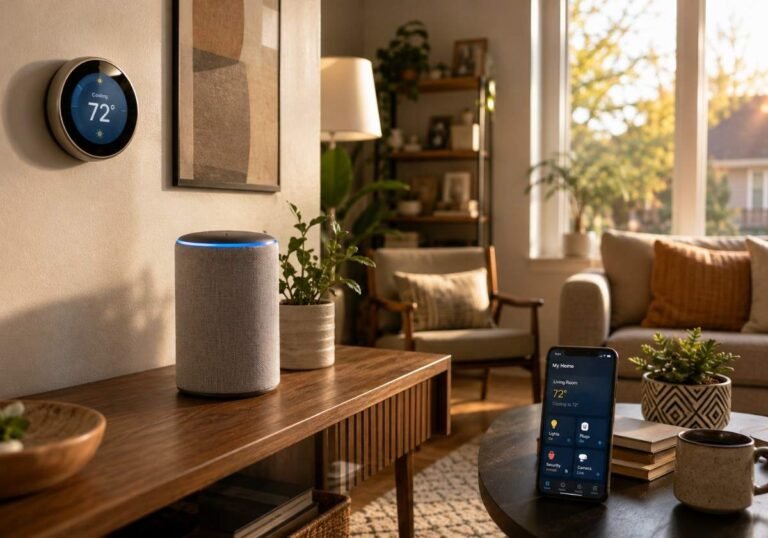 : Modern American living room with AI-powered smart speaker, smart thermostat, and phone showing a home automation app — top AI home gadgets 2026