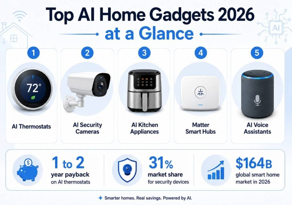 Infographic titled Top AI Home Gadgets 2026 at a Glance, comparing AI thermostats, security cameras, kitchen appliances, Matter hubs, and voice assistants