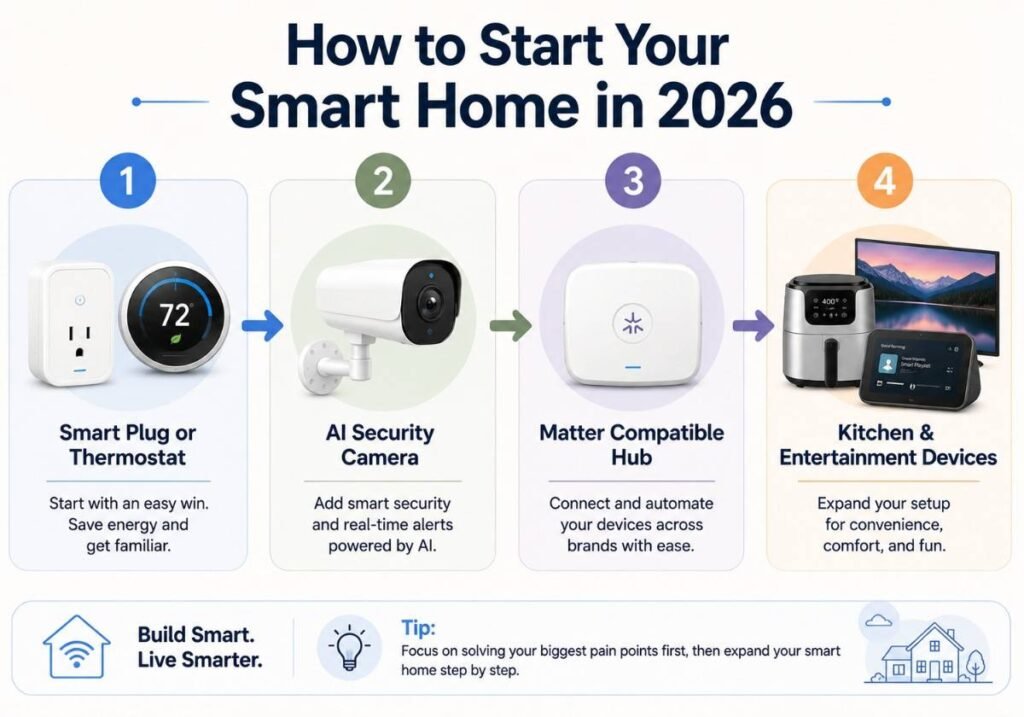 Four-step diagram showing how to start your smart home with AI home gadgets 2026, from smart plug to Matter-compatible hub